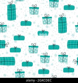 Weihnachtliches nahtloses Muster mit Geschenken und Schneeflocken auf blauem Hintergrund. Vektorgrafik. Für Webdesign, Tapete, Geschenkpapier, Scrapbooking, zum Bedrucken von Kleidung, Textil, Verpackung, Tassen. Stock Vektor