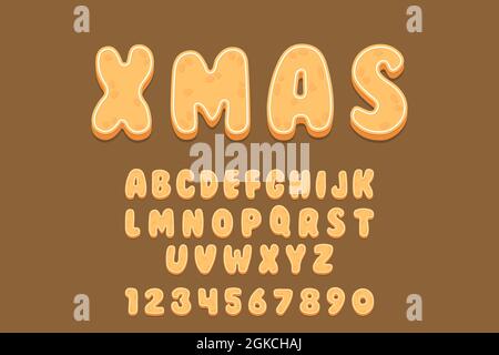 Lebkuchen Cookies Alphabet Schriftart. Cartoon-Buchstaben und -Zahlen mit Puderzucker-Abdeckung. Vektorgrafik für Ihr Design. Stock Vektor