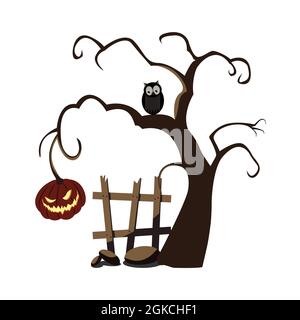 Gruseliger Baum für Halloween mit Kürbis, Eule, Eule, Zaun alten gebrochenen Brettern, Steinen, für Design und Dekor, isoliert, weißer Hintergrund. Vektorgrafik Stock Vektor