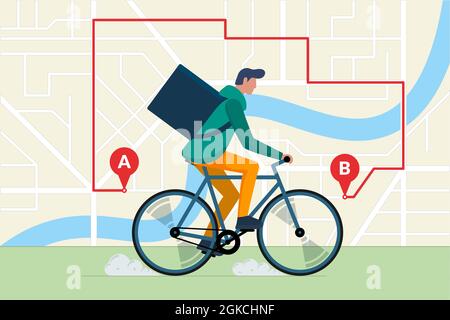 Lieferung junger Mann Kurier Fahrrad fahren mit Paket Produkt-Box. Express-Fahrrad-Versand-Service-Konzept auf Stadt Straßenkarte Plan mit GPS-Pins und Navigation Route. Vektorgrafik flach Stock Vektor