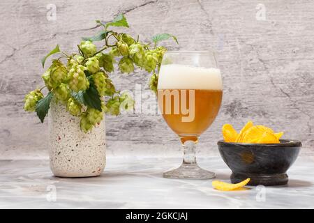 Ein Glas Bier mit einem Hopfenzweig und einer Schüssel mit Kartoffelchips auf dem grauen Hintergrund. Stockfoto