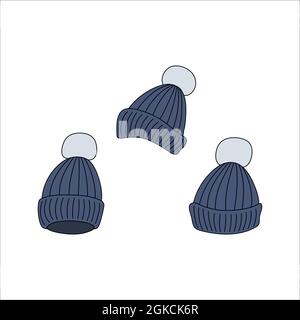 Doodle Hut mit Pompon-Design. Winter Vektor bunte Illustration isoliert auf weißem Hintergrund. Stock Vektor