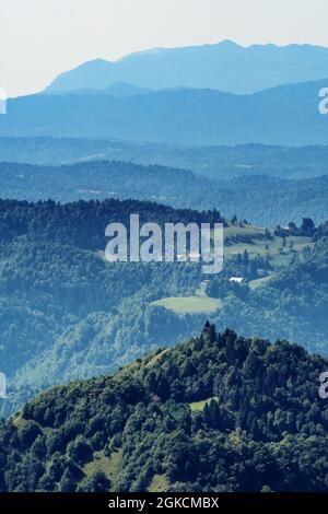 Blick von oben auf schöne Hügel in Schichten von grünen Mischwäldern bedeckt, Slowenien. Naturschutz, Forstwirtschaft und Wanderkonzepte Stockfoto