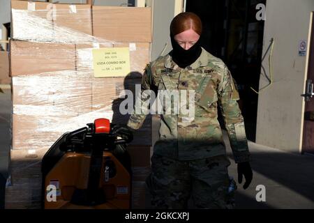 Arizona Army National Guard Spc. Kristi Burns, 222 Transportation Company, Transportspezialist, lädt in einer Lebensmittelbank in Gilbert, Arizona, Kisten mit Lebensmitteln in einen LKW, 16. März 2021. Die Kartons mit Lebensmitteln wurden dann zu einer Lebensmittelbank in Parker, Arizona, transportiert, um sie an die lokalen Bürger und Mitglieder der Indianerstämme des Colorado River zu verteilen, als Teil der Unterstützung der Arizona National Guard für die Bedürfnisse der Gemeinschaft während dieses Ausnahmezustands. Stockfoto