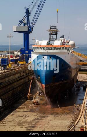 Arbeiter, die den Rumpf eines Handelsschiffs im Trockendock einer Werft in Gibraltar reinigen. Krane, schwere Werkzeuge, Schiffe und Meerwasser. Stockfoto