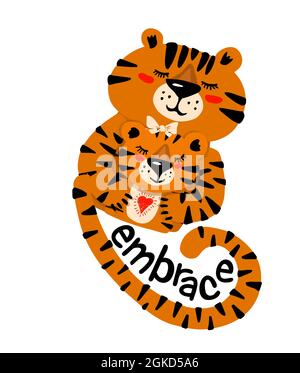 Eine Familie von Tigern umarmt sich. Frohes 2022 Jahr des Tigers. Vektorgrafik Stock Vektor