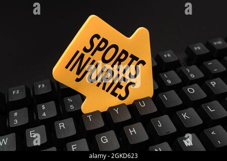 Schild mit Sportverletzungen. Wort für Arten von Verletzungen, die während des Sports oder der Ausübung Online-Browsing und Exploring auftreten, Erstellen von Blog-Inhalten Stockfoto
