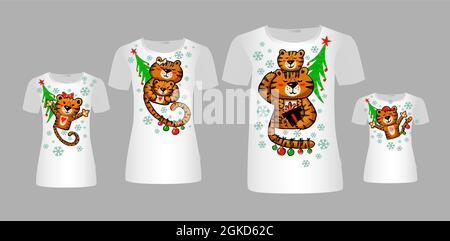Eine Familie von Tigern umarmt sich. Frohes 2022 Jahr des Tigers. T-Shirt-Druck. Familienlook. Vektorgrafik Stock Vektor