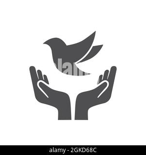 Das Konzept einer Welt ohne Krieg der Hände und Tauben. Symbole für den Internationalen Tag des Friedens. Taube in Händen isoliert auf weißem Hintergrund. Logo Stock Vektor
