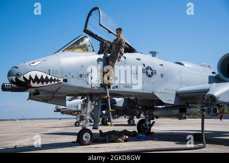 Flugzeugbetreuer des 23. Wartungsgeschwaders inspizieren ein A-10C Thunderbolt II-Flugzeug, das dem 74. Jagdgeschwader am 18. März 2021 auf der MacDill Air Force Base, Florida, zugewiesen wurde. Sowohl der 23. Als auch der 74. Von Moody AFB, Georgia, führten eine agile Kampfbeschäftigungsübung durch, die als „Mosaic Tiger“ bekannt ist. Stockfoto