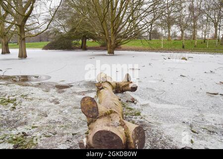 Gefrorener Teich im Hyde Park während eines sehr seltenen Schneefalls in der Hauptstadt. London, Großbritannien 11. Februar 2021. Stockfoto