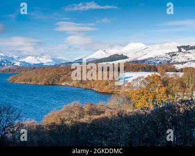 Schneebedeckter Ben Lomond, von Craigie Fort auf dem West Highland Way in der Nähe von Balmaha, Loch Lomond, Southern Highlands of Scotland. Stockfoto