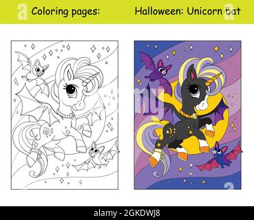 Niedliches Einhorn mit Flügeln fliegt in den nächtlichen Sternenhimmel mit Fledermäusen.Halloween-Konzept. Färbung für Kinder mit bunten Vorlage. Vektor Cartoon Illust Stock Vektor