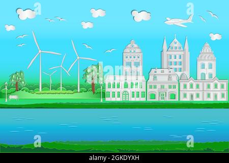 Stadtbild mit Origami-Häusern, Fluss, Windmühlen, Flugzeug, blauem Himmel und Wolken. Eco-Stadt der Papierkunst Stil. Umweltschutzkonzept. Vektor Stock Vektor