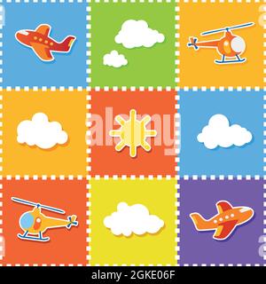 Mosaikmuster mit Zeichnungen. Flugzeuge, Hubschrauber, Luftballons, Wolken und die Sonne. Kindersachen. Luftfahrzeuge. Vektor Zeichnung Kinderstil Stock Vektor