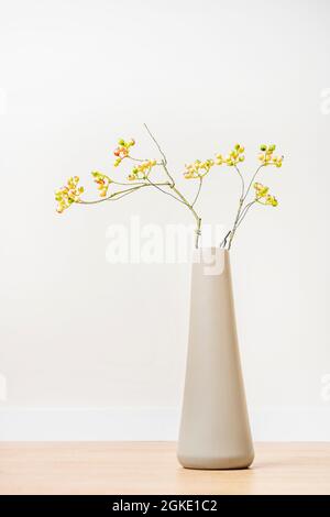 Lange graue Vase mit dekorativen, unreifen Heidelbeerzweigen auf Holzboden und weißem Hintergrund Stockfoto