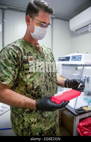 CAMP LEMONNIER, Dschibuti (25. März 2021) – U.S. Navy LT. Cmdr. Stephen M. Eggan aus Pittsburgh, Director for Science bei Naval Medical Research, erklärt, wie das Labor am 25. März 2021 virale Ribonukleinsäure für COVID-19-Tests in Camp Lemonnier, Djibouti (CLDJ) isolieren kann. CLDJ ist eine forward operativ operierende Basis, die es US-amerikanischen, alliierten und Partnernationstruppen ermöglicht, dort zu sein, wo und wann sie benötigt werden, um die Sicherheit in Europa, Afrika und Südwestasien zu gewährleisten. Stockfoto