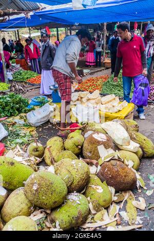 NUWARA ELIYA, SRI LANKA - 17. JULI 2016: Jackfruit-Verkäufer auf dem Markt in Nuwara Eliya. Stockfoto