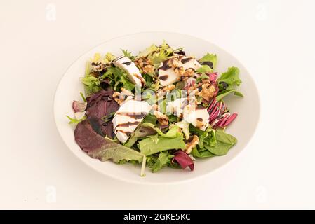 Gehackter Ziegenkäse-Salat, verschiedene Salatsprossen, geschälte und gespaltene kalifornische Walnüsse, Balsamico-Essig und weißer Teller auf weißem Hintergrund Stockfoto