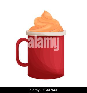 Kürbis gewürzter Latte, roter Becher mit Creme im Cartoon-Stil isoliert auf weißem Hintergrund. Kaffee heißes Herbstgetränk, saisonales leckeres Getränk. Vektor-Illus Stock Vektor