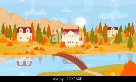 Herbst Natur Berglandschaft, Häuser, Brücke auf Fluss Vektor-Illustration. Cartoon Europäische Dorf Landschaft Skyline, Herrenhäuser mit Bauerngärten und Höfe, bunte Bäume im Hintergrund Stock Vektor