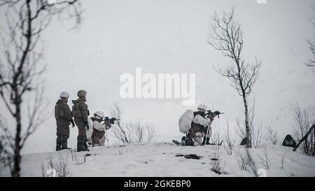 US-Marine mit Marine Rotational Force Europe 21.1 (MRF-E), Marine Forces Europe and Africa, Fire down range during a company live-Fire Attack as part of exercise Arctic Littoral Strike in Blåtind, Norway, March 29, 2021. Übung Arctic Littoral Strike verbesserte die Fähigkeit von MRF-E, sich den Herausforderungen des Zugangs- und Verweigerungskampfes eines fiktiven Gegenspielers in einem umkämpften Küstenumfeld zu stellen. MRF-E demonstrierte die Fähigkeit, gemeinsame Flottenoperationen zu unterstützen, indem sie ein norwegisches U-Boot über die Wache stellte und eine integrierte Luftverteidigungs-Syste eines fiktiven Gegners zerstörte Stockfoto