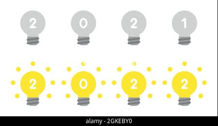 Neues Jahr 2022 Vektor-Konzept, grau 2021 Glühbirnen und glühende 2022 Glühbirnen. Flacher Style. Stock Vektor