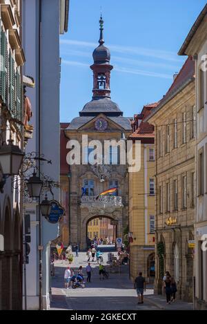 Blick auf das Alte Rathaus und die Oberbrücke, Bamberg, Oberfranken, Bayern, Deutschland Stockfoto