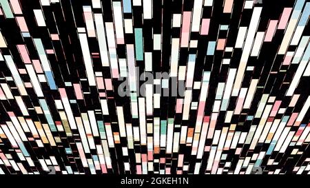 Abstrakte Rechtecke unterschiedlicher Größe, die auf schwarzem Hintergrund in die unterschiedliche Größe verschoben werden. Animation. Bunte Reihen von Segmenten, die dem Datenfluss ähneln Stockfoto