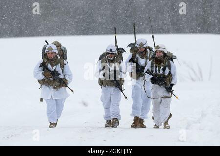 Fallschirmjäger der Armee, die dem 1. Bataillon, dem 501. Fallschirmjäger-Regiment, dem 4. Kampfteam der Infanterie-Brigade (Airborne), der 25. Infanterie-Division, der US-Armee Alaska, zugewiesen sind, begeben sich während eines simulierten Fallschirmangriffs in der Malemute Drop Zone auf der Joint Base Elmendorf-Richardson, Alaska, 31. März 2021 zum Rallyepunkt. Die Soldaten sind Teil der einzigen pazifischen Luftbrigade der Armee, die in der Lage ist, sich schnell weltweit zu entsenden, und werden für militärische Operationen unter strengen Bedingungen geschult. Stockfoto