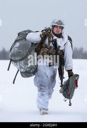 Ein Fallschirmjäger der Armee mit 1. Bataillon, 501. Fallschirmjäger-Regiment, 4. Infanterie-Brigade-Kampfteam (Airborne), 25. Infanterie-Division, U.S. Army Alaska, fährt während eines simulierten Fallschirmangriffs in der Malemute Drop Zone auf der Joint Base Elmendorf-Richardson, Alaska, 31. März 2021, zum Rallyepunkt. Die Soldaten sind Teil der einzigen pazifischen Luftbrigade der Armee, die in der Lage ist, sich schnell weltweit zu entsenden, und werden für militärische Operationen unter strengen Bedingungen geschult. Stockfoto