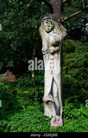 Holzfigur, Galindia, Beldany-See, Iznota, Ruciane-Nida, Warmia-Masuren, gallisches Dorf, Warminsko-Mazurskie, Polen Stockfoto
