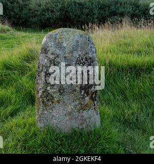 Schlachtfeld von Culloden in Schottland. Isolierter Grabstein für Clan Cameron mit Hintergrund aus Gras und anderem Grün. Stockfoto