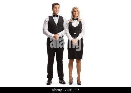 In voller Länge Porträt eines Kellners und einer Kellnerin posiert und lächelt isoliert auf weißem Hintergrund Stockfoto