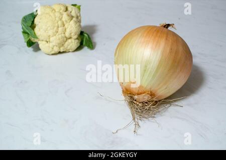 Eine riesige Zwiebel und/oder ein winziger Blumenkohl auf Marmoroberfläche - ein oder beide Gemüse ist ungewöhnlich klein oder unerwartet groß. Zwiebel ist größer als Cauli. Stockfoto