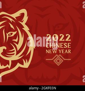 Grußkarten-Vorlage Für Ein Frohes Neues Jahr 2022. Goldener Tiger Gesicht chinesisches Sternzeichen auf rotem Hintergrund. Urlaubssymbol. Isoliert Stock Vektor