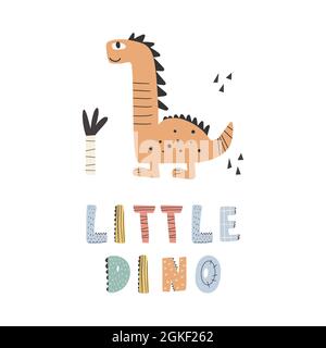 Niedlicher Dinosaurier mit Slogan-Grafik - kleiner Dino, lustige Dino-Cartoons. Vektor lustige Beschriftung Zitat mit Dino-Symbol, skandinavische Hand gezeichnet illustrationo Stock Vektor