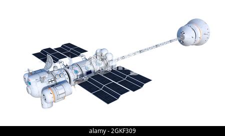 Raumschiff mit Sonnenkollektoren, außerirdische UFO-Raumsonde im Flug isoliert auf weißem Hintergrund, 3D-Rendering Stockfoto