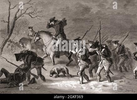 Der Marsch nach Valley Forge. Nach einem Werk von Felix Darley aus dem 19.. Jahrhundert, gestochen von Albert Bobbett. Valley Forge in Pennsylvania war während des amerikanischen Revolutionskrieges ein Winterlager der Kontinentalarmee. George Washington führte 12.000 seiner Männer nach dem Rückzug aus Philadelphia in das Lager. Es wird geschätzt, dass in Valley Forge bis zu 2.000 seiner Truppen an Krankheiten und Unterernährung gestorben sein könnten Stockfoto