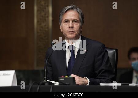 14. September 2021, Washington, District of Columbia, USA: Außenminister ANTONY BLINKEN bezeugte heute am 14. September 2021 vor dem Senatsausschuss für Außenbeziehungen im Senate Dirksen Office Building in Washington DC, USA, die Anhörung zur "Prüfung des US-Austritts aus Afghanistan". (Bild: © Lenin Nolly/ZUMA Press Wire) Stockfoto