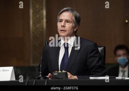 14. September 2021, Washington, District of Columbia, USA: Außenminister ANTONY BLINKEN bezeugte heute am 14. September 2021 vor dem Senatsausschuss für Außenbeziehungen im Senate Dirksen Office Building in Washington DC, USA, die Anhörung zur "Prüfung des US-Austritts aus Afghanistan". (Bild: © Lenin Nolly/ZUMA Press Wire) Stockfoto