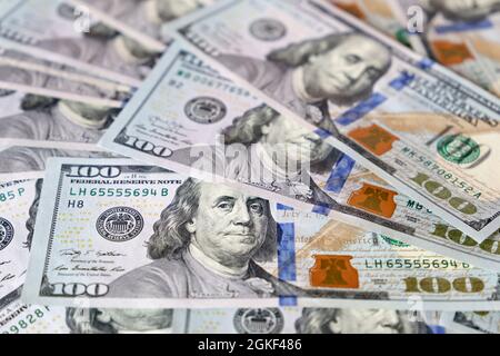 US-Dollar-Banknoten, Papierwährung als Hintergrund. Konzept der amerikanischen und globalen Wirtschaft, Wechselkurs Stockfoto