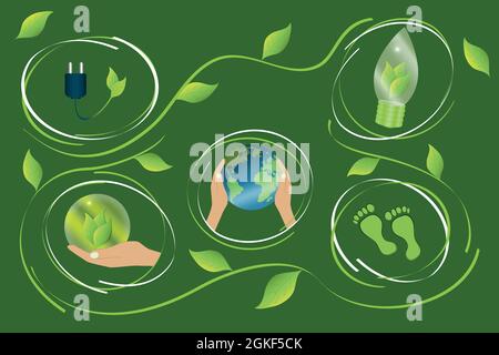 Sauberes, kohlenstoffarmes Energieerzeugungskonzept mit unterschiedlichen Umweltsymbolen. vektor Stock Vektor