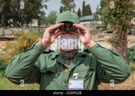 Ein Mitglied der Royal Moroccan Armed Forces schaut während einer Sprengstoffdeponie (EOD) in der Nähe von Kenitra, Marokko, am 6. April 2021 durch ein Fernglas. Marineinfanteristen, Matrosen und Mitglieder der Utah National Guard nehmen an der humanitären Minenaktion, der Sprengstoffbeseitigung in Marokko 2021 Teil, wo US-EOD-Techniker die EOD-Validierung der Royal Moroccan Armed Forces (FAR)-Soldaten der Stufe zwei beaufsichtigen, um die Bemühungen zur Schaffung einer EOD-Fähigkeit innerhalb DER FAR fortzusetzen. Stockfoto