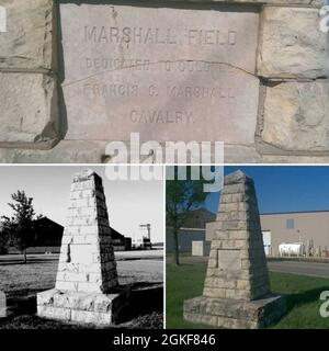 An diesem Freitag in Fort Riley setzen wir unseren Blick auf das Marshall Army Airfield fort. Nach seiner Funktion als Polofeld der Post wurde 1921 das „Fort Riley Airplane Landing Field“ gegründet. Nachdem der Bau der Grundeinrichtungen im Jahr 1923 abgeschlossen wurde, wurde das Feld nach Brigadegeneral Francis C. Marshall zum Marshall Field ernannt. Das Marshall Monument wurde 1925 errichtet und steht heute noch auf der Westseite der Ray Road zwischen den Gebäuden 741A und 748. Aus einheimischem Kalkstein erbaut, lautet die undatierte Inschrift des Denkmals einfach: „MARSHALL FIELD, GEWIDMET COLONEL FRANCIS C. MARSHALL, KAVALLERIE“. Ma Stockfoto