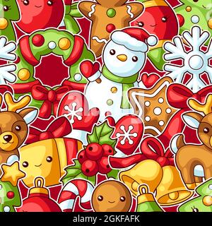 Süßes Merry Christmas Nahtloses Muster. Niedliche Zeichen und Symbole. Urlaub Hintergrund in Cartoon-Stil. Stock Vektor