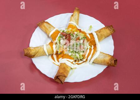 Teller mit frittierten mexikanischen Flautas mit Pico de gallo, Gemüse, Kürbiscreme und Frischkäse auf weißem Teller Stockfoto