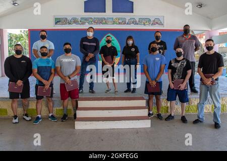 US-Marineinfanteristen und Zivilpersonal, die dem Camp Blaz der Marine Corps (MCB) zugewiesen sind, posieren für ein Gruppenfoto mit dem Barrigada, dem Bürgermeister von Guam und dem Vizebürgermeister, nachdem er sich freiwillig bei Mitarbeitern des Barrigada Mayor’s Office in Barrigada, 8. April 2021, engagiert hatte. Mitarbeiter des MCB Camp Blaz haben einen Parkplatz neben dem Barrigada Community Center gestrichen. Gemeinnützige und ehrenamtliche Veranstaltungen ermöglichen es Dienstmitgliedern, positive Beziehungen aufzubauen und zu fördern und der Gemeinschaft etwas zurückzugeben. Stockfoto