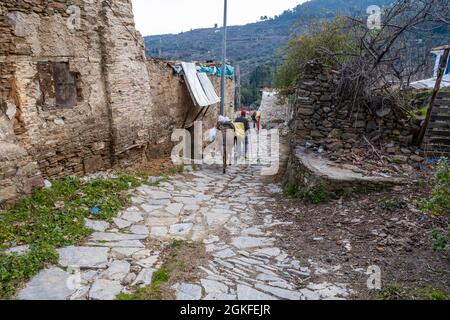 Sirince, Izmir, Türkei - 03.08.2021: Ein alter Mann mit Esel, der auf einer gepflasterten Straße im Dorf Sirince spaziert Stockfoto
