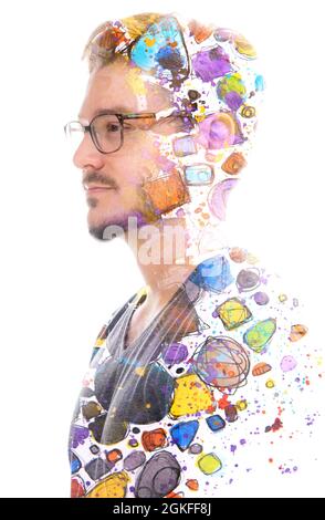 Paintographie. Porträt eines Mannes kombiniert mit einer schönen handgefertigten Zeichnung Stockfoto